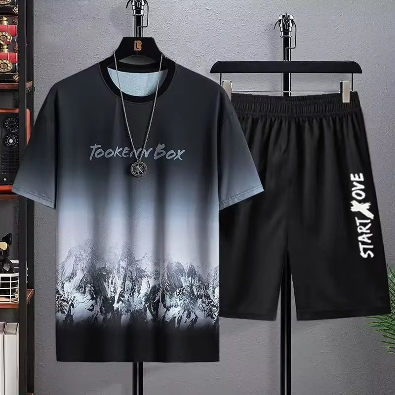 Summer Lightweight Ice Silk Gradient Set Men'S Short Sleeve T-Shirt Casual Shorts Sport Two-Piece Set Stylish Men'S Wear