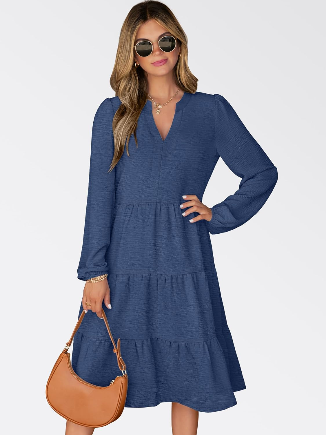 Womens Fall Midi Dresses Long Sleeve V Neck Swing Tiered Work Business Casual 2025 Flowy Beach Vacation Dress