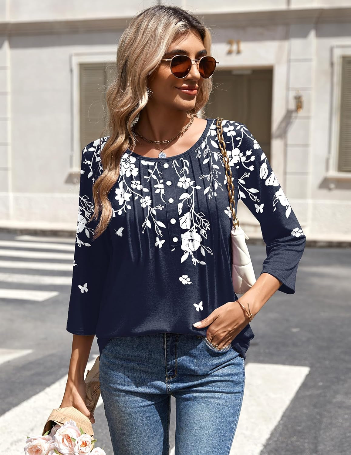 3/4 Length Sleeve Womens Tops round Neck Casual Summer Tunic Tops Basic Tees Blouses Dressy T-Shirts Pleated Shirts