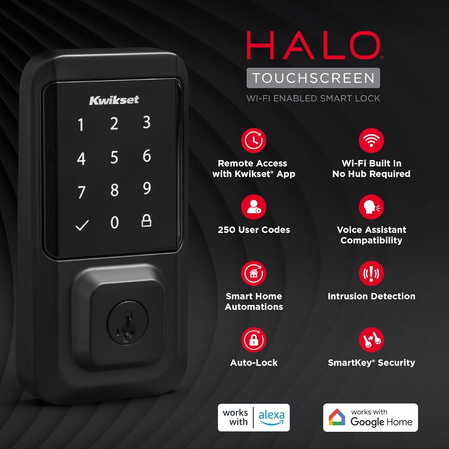 Halo Wi-Fi Smart Lock, Keyless Entry Front Door Touchscreen Deadbolt, Matte Black Finish, Grade AAA Certified, UL Listed, Easy Install No Hub, App Control, Digital Remote Lock