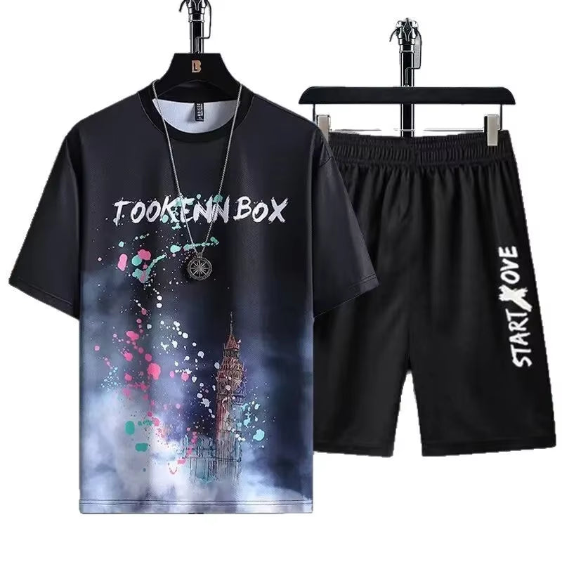 Summer Lightweight Ice Silk Gradient Set Men'S Short Sleeve T-Shirt Casual Shorts Sport Two-Piece Set Stylish Men'S Wear