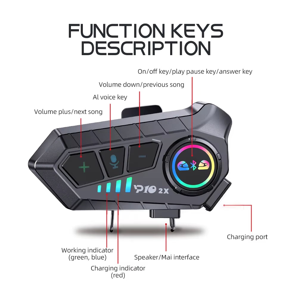 1/2X Motorcycle Intercom Headset Helmet BT 5.3 for 2 Riders Intercommunicator 300M Waterproof Music Sharing Interphone