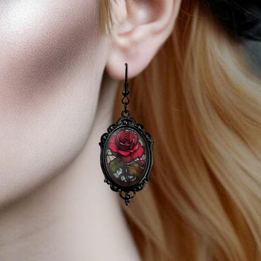 Gothic Red Rose Earrings for Woman, Halloween Earrings Vintage Cameo Goth Rose Jewelry as Gothic Accessories, Devil Drop Glass Flower Earring Grunge Jewelry as Halloween Outfits for Woman