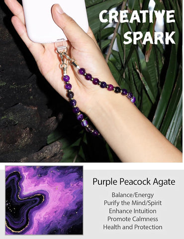 Healing Stone Phone Charm for Women, Beaded Phone Camera Wrist Strap, Handmade Cell Phone Chain Lanyard with Tether Tab Keychain Decor for Wallet (Purple Peacock Agate)