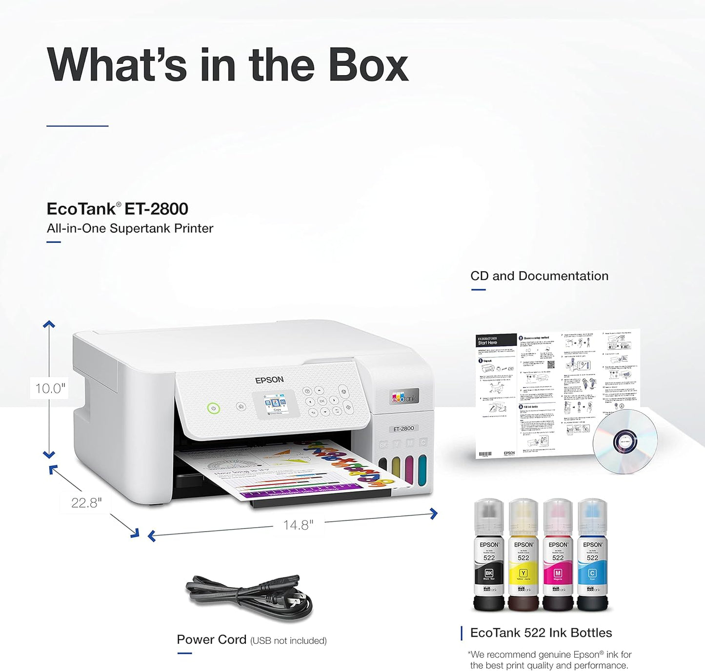 Ecotank ET-2800 Wireless Color All-In-One Cartridge-Free Supertank Printer with Scan and Copy €“ the Ideal Basic Home Printer - White, Medium