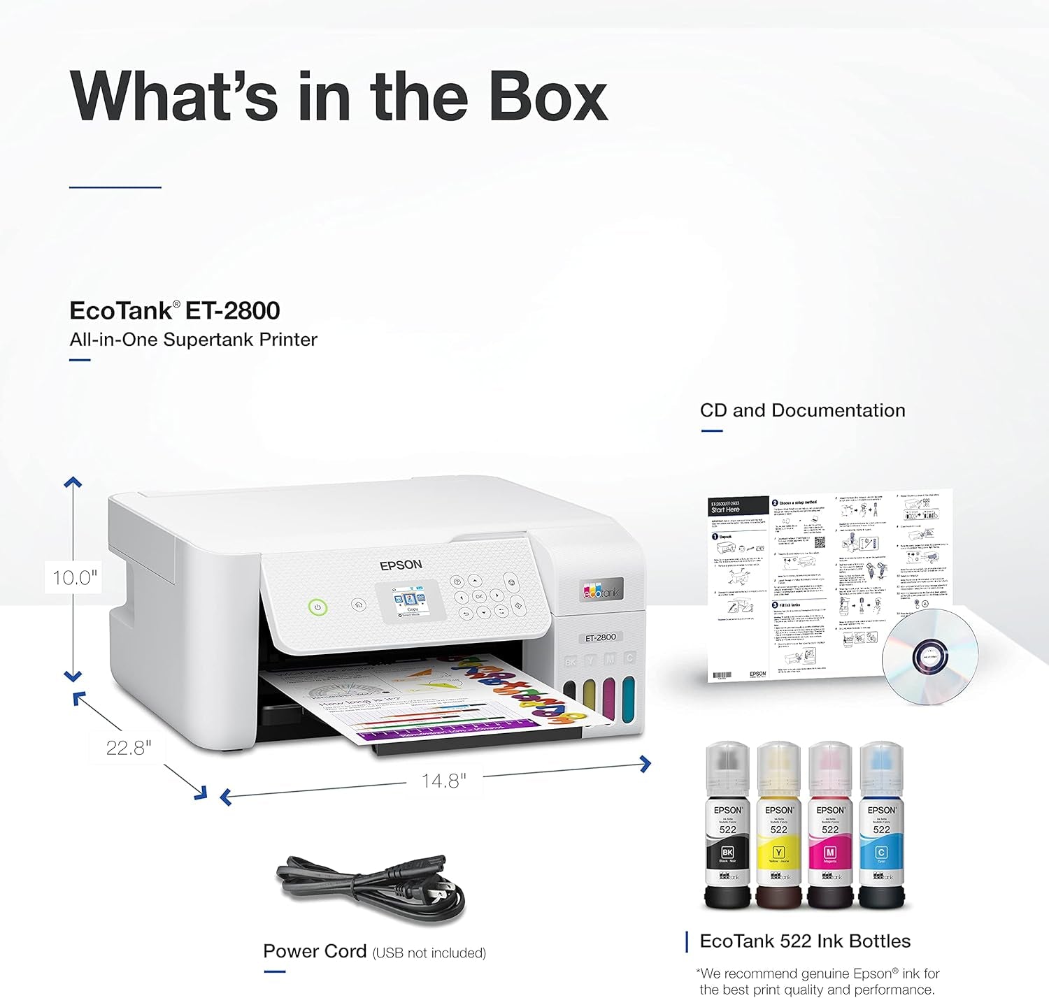 Ecotank ET-2800 Wireless Color All-In-One Cartridge-Free Supertank Printer with Scan and Copy €“ the Ideal Basic Home Printer - White, Medium