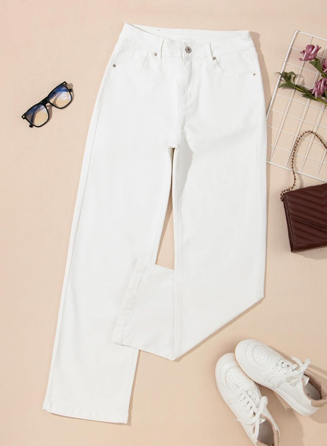 Women'S Wide Leg Jeans Casual High Waisted Straight Zimbaplatinum Denim Pants with Pockets