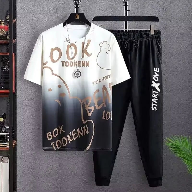 Summer Lightweight Ice Silk Gradient Set Men'S Short Sleeve T-Shirt Casual Shorts Sport Two-Piece Set Stylish Men'S Wear