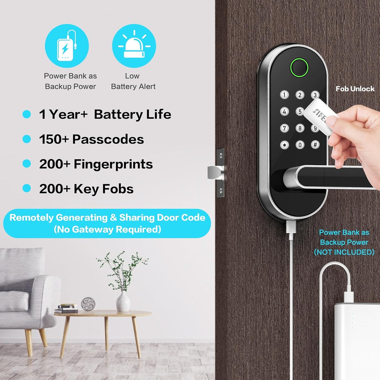 Keyless Entry Fingerprint Smart Lock with Handle & Keypad:  Biometric Digital Electronic Lock with Code, Electric Deadbolt Door Knob for Front, Interior, Exterior & Bedroom Doors (Silver)