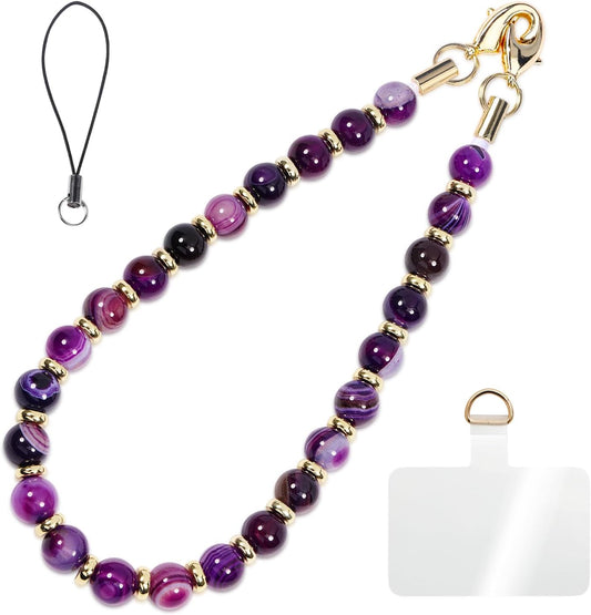 Healing Stone Phone Charm for Women, Beaded Phone Camera Wrist Strap, Handmade Cell Phone Chain Lanyard with Tether Tab Keychain Decor for Wallet (Purple Peacock Agate)