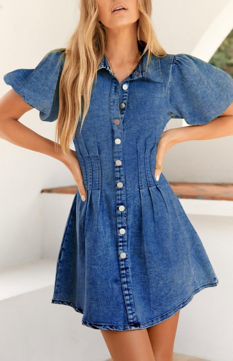 Summer Denim Dress for Women Puff Sleeve Slim Fit Jean Dresses for Women 2025 Casual