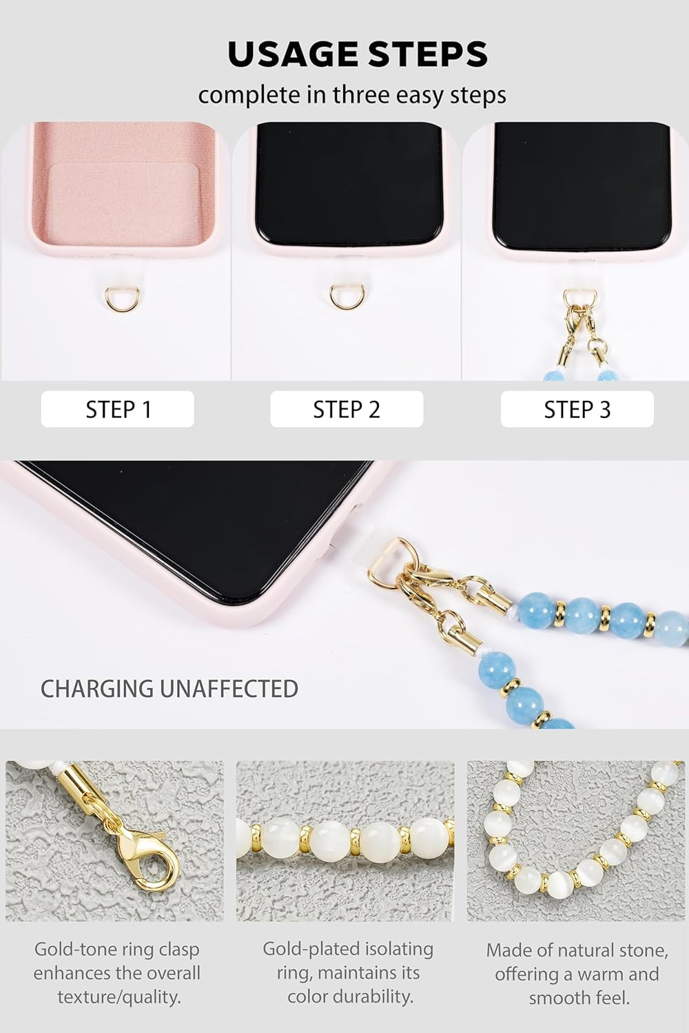 Healing Stone Phone Charm for Women, Beaded Phone Camera Wrist Strap, Handmade Cell Phone Chain Lanyard with Tether Tab Keychain Decor for Wallet (Purple Peacock Agate)