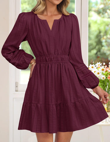 Fall Long Sleeve Mini Dresses for Women 2025 Lightweight V Neck High Waist a Line Flowy Swing Casual Party Dress