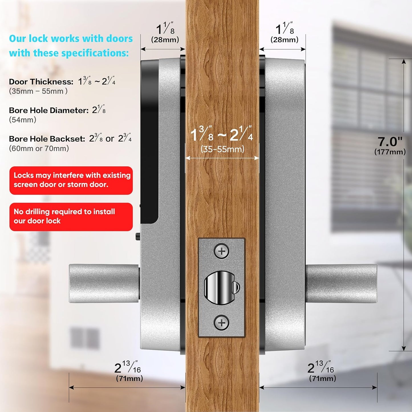 Keyless Entry Fingerprint Smart Lock with Handle & Keypad:  Biometric Digital Electronic Lock with Code, Electric Deadbolt Door Knob for Front, Interior, Exterior & Bedroom Doors (Silver)
