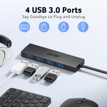 USB Hub 4 Ports, Multiple USB 3.0 Hub, USBA Splitter for Laptop with Type C Power Port, Extender for a Port Laptop, PC, Desktop and More (2Ft)