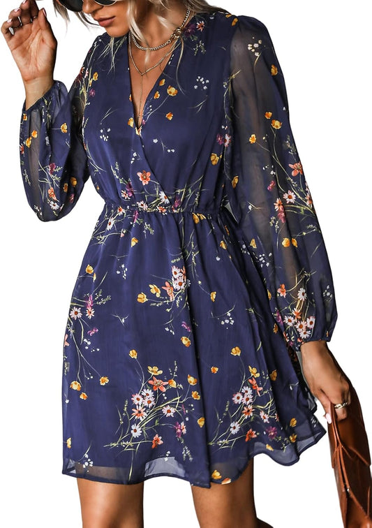 Women'S Mini Dresses Casual Spring V Neck Chiffon Long Peasant Sleeves Flowy Summer Dress