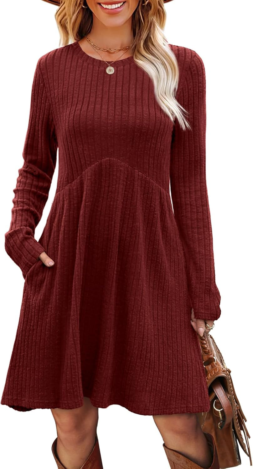 Long Sleeve Dress for Women Crew Neck Empire Waist Tunic Dress with Pockets