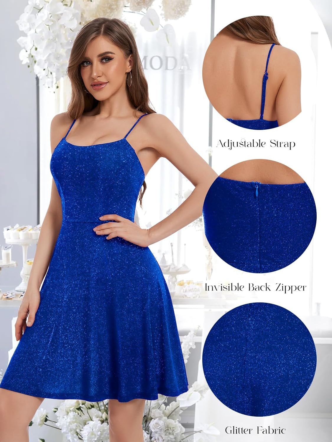 Spaghetti Straps Sparkly Homecoming Dress Fit and Flare Glitter Mini Swing Semi Formal Prom Party Club Dress