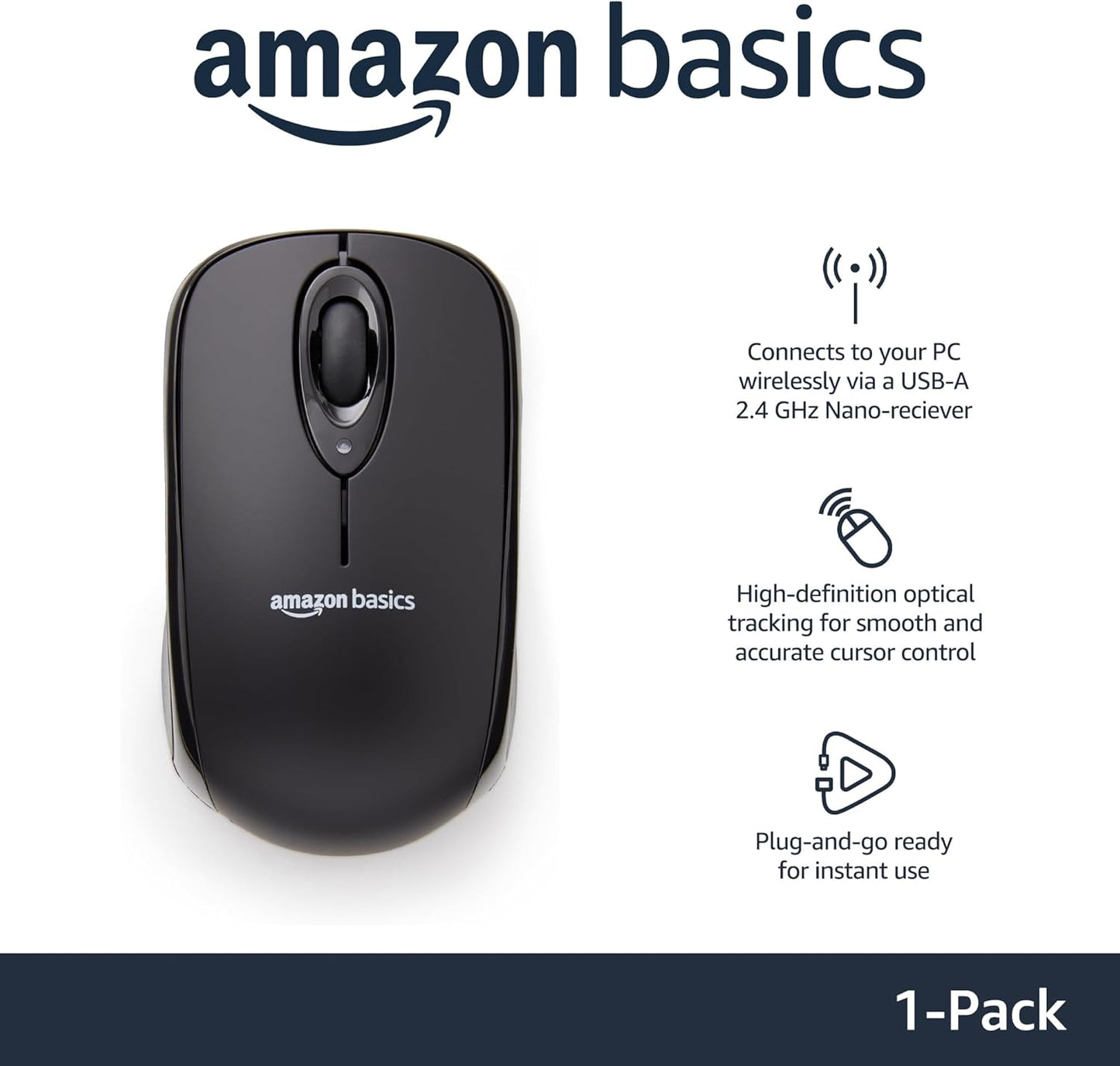 2.4 Ghz Wireless Optical Computer Mouse with USB Nano Receiver, Black