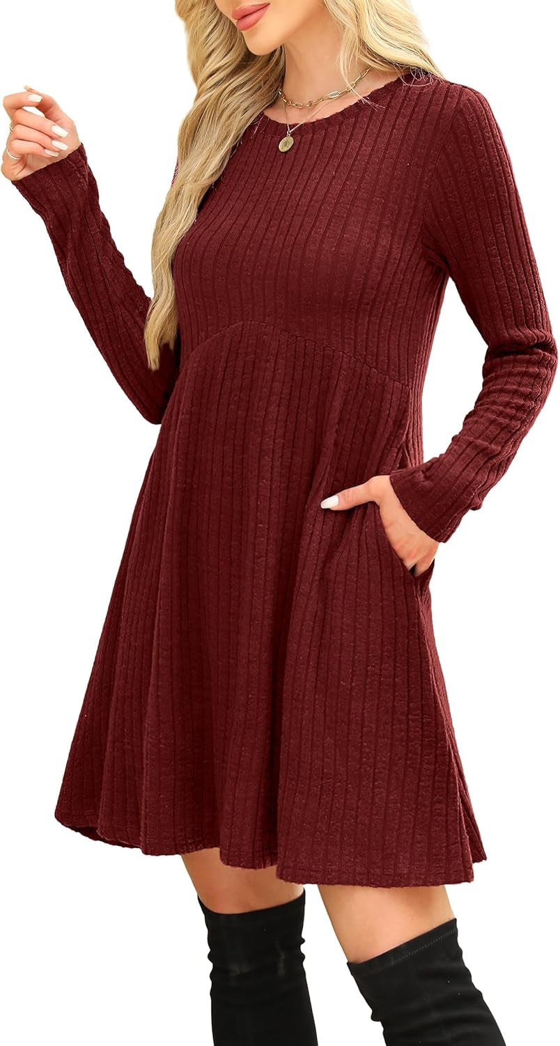 Long Sleeve Dress for Women Crew Neck Empire Waist Tunic Dress with Pockets