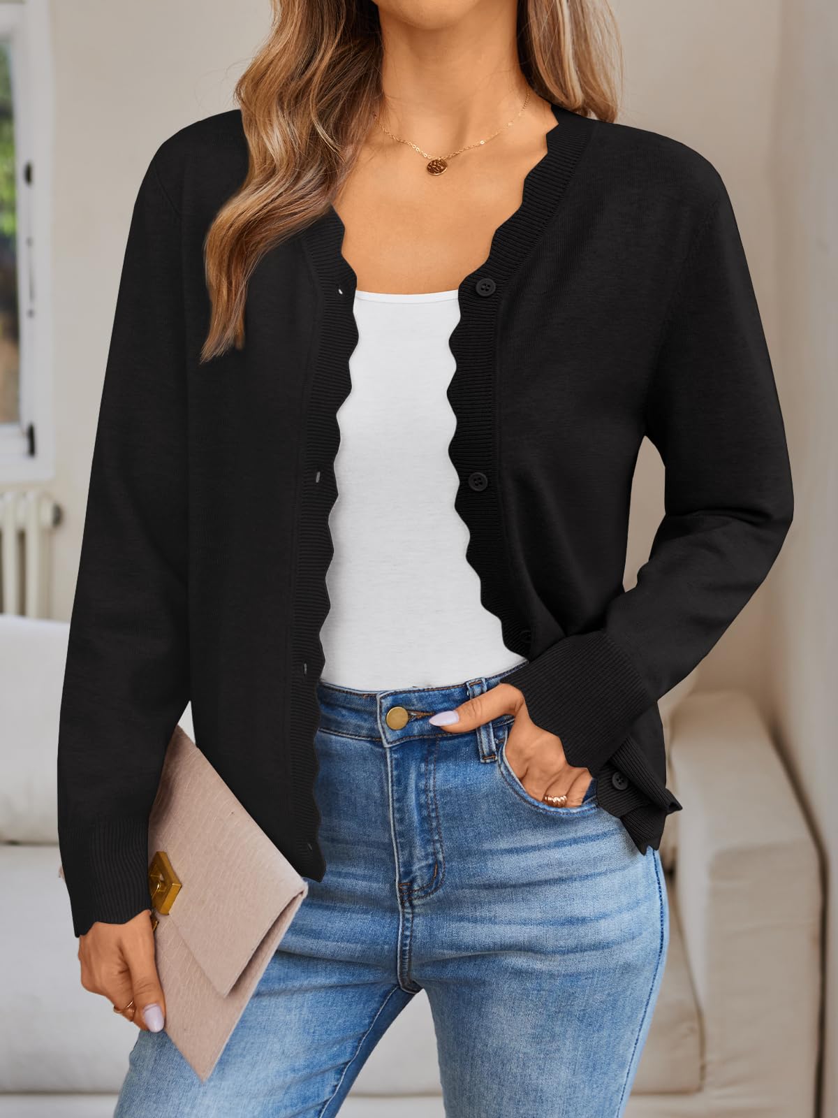 LILLUSORY Womens Cardigan Sweaters Long Sleeve Casual Lightweight Button Down V-Neck Fall Clothes 2025 Black L