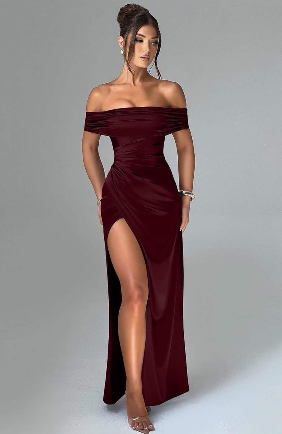 Women'S Elegant off Shoulder High Split Bodycon Evening Wedding Maxi Dress