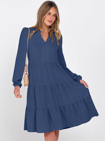 Womens Fall Midi Dresses Long Sleeve V Neck Swing Tiered Work Business Casual 2025 Flowy Beach Vacation Dress
