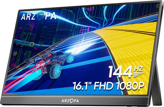 16.1'' 144Hz Portable Gaming Monitor, 106% Srgb 1080P FHD Kickstand Portable Monitor with HDR, Ultra Slim, Eye Care, External Second Screen for Laptop, PC, PS5, Mac, Xbox-Z1Fc