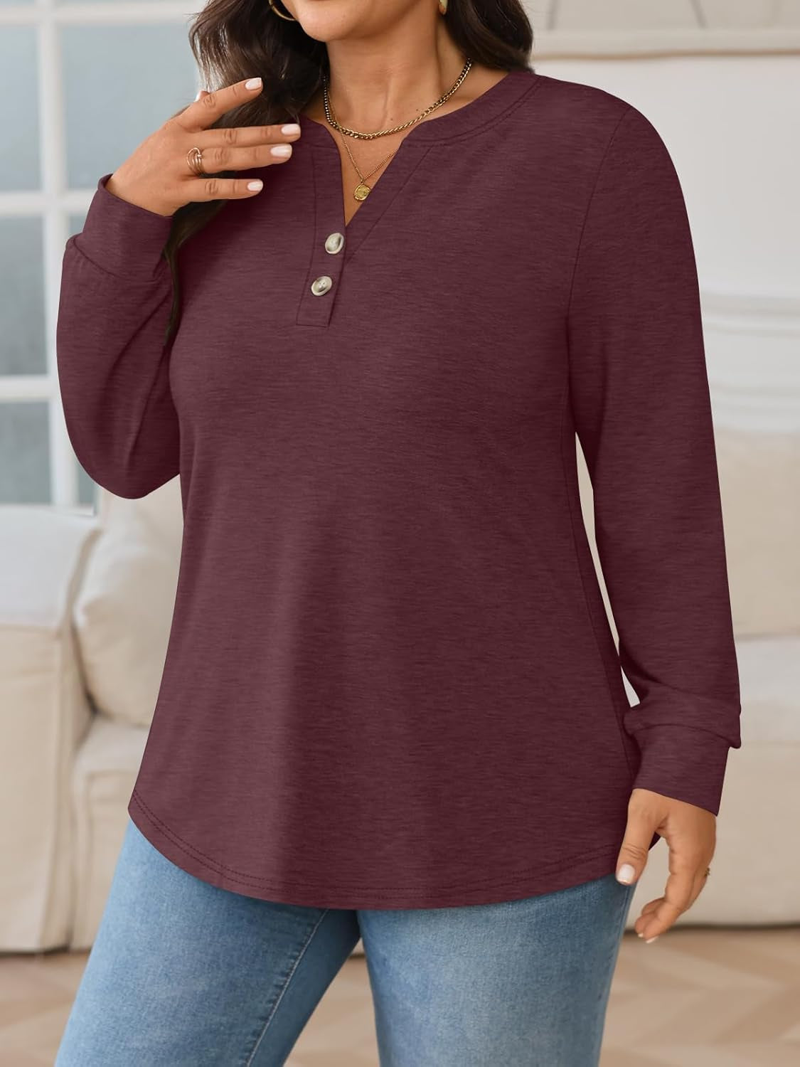 Womens plus Size Tops Long Sleeve Henley V Neck T Shirts Business Casual Fall Outfits Loose Fit Dressy Tunics Blouses