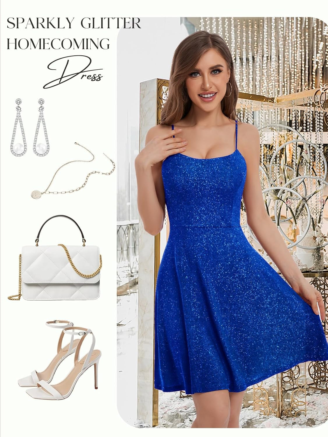 Spaghetti Straps Sparkly Homecoming Dress Fit and Flare Glitter Mini Swing Semi Formal Prom Party Club Dress