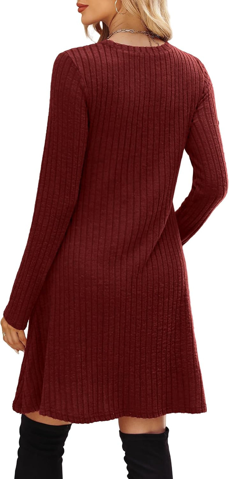 Long Sleeve Dress for Women Crew Neck Empire Waist Tunic Dress with Pockets