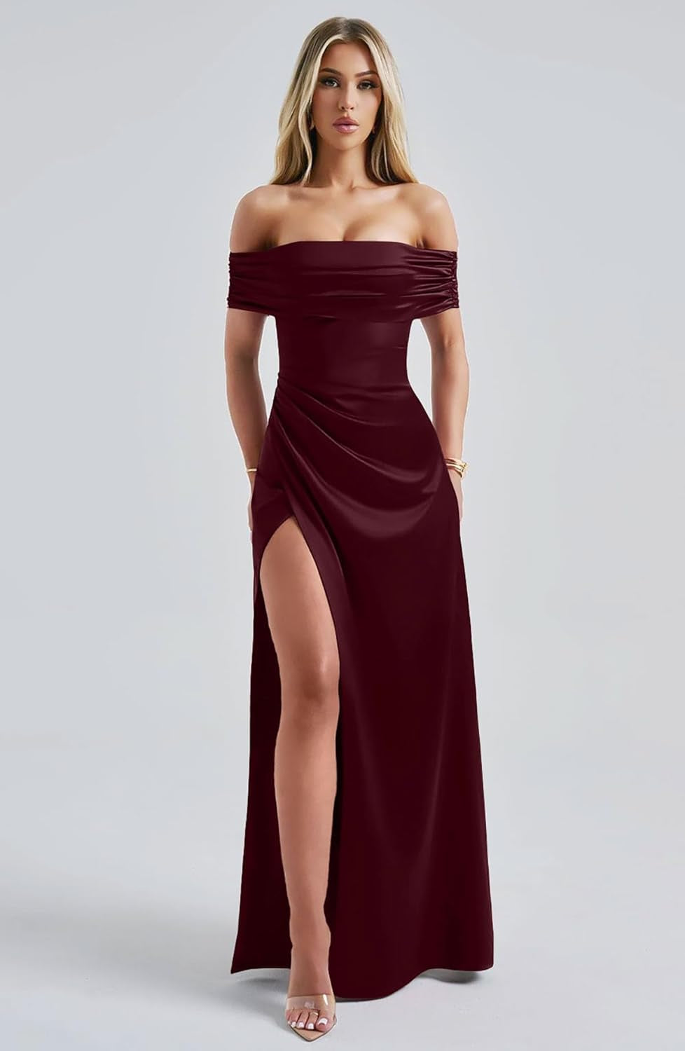 Women'S Elegant off Shoulder High Split Bodycon Evening Wedding Maxi Dress