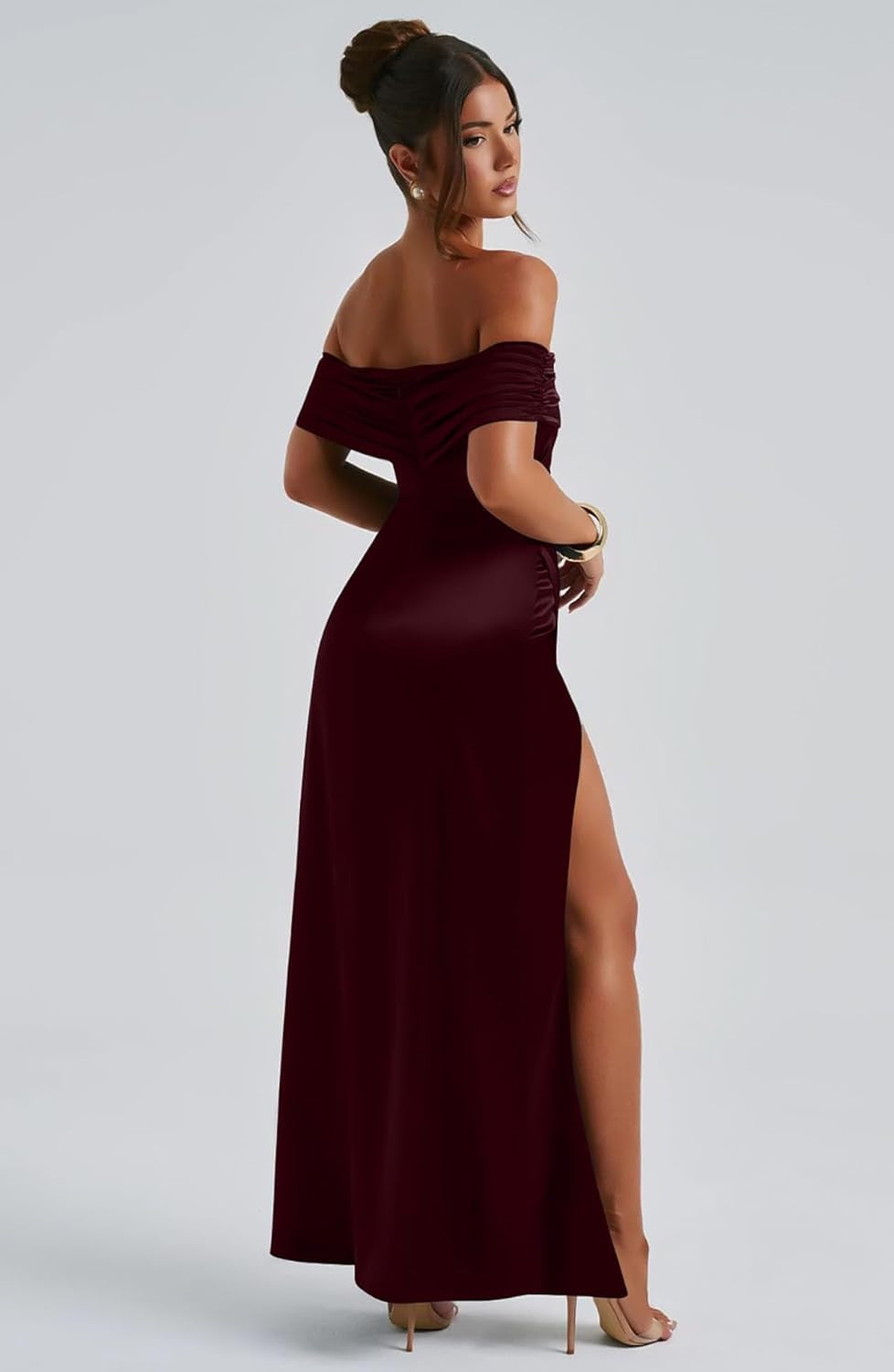 Women'S Elegant off Shoulder High Split Bodycon Evening Wedding Maxi Dress